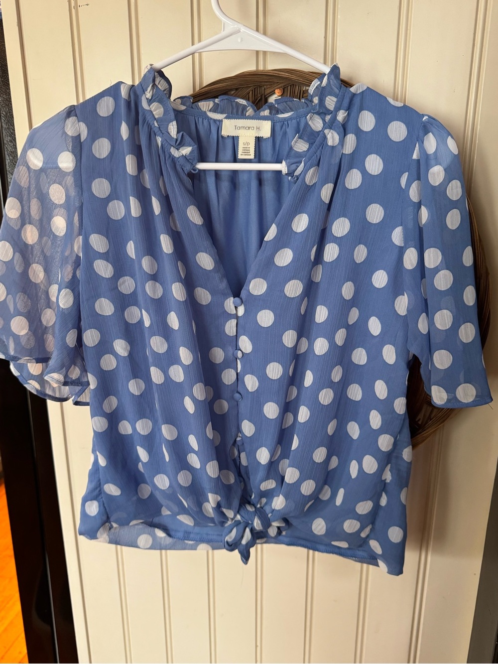 Blue Polka Dot Tie-Front Blouse